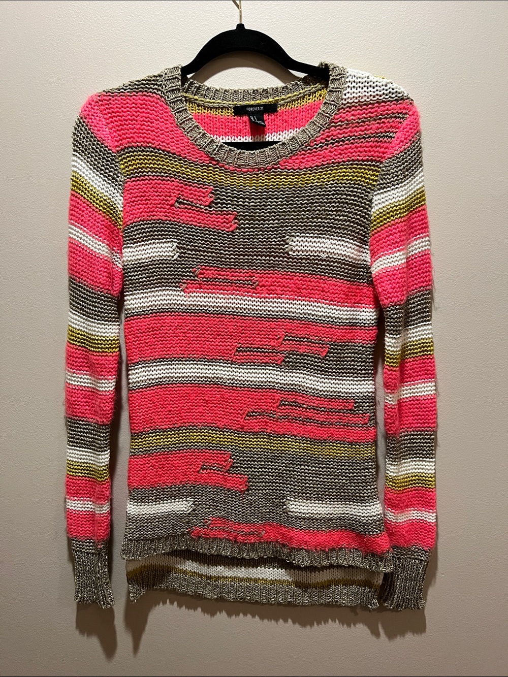 Neon Pink and Olive Striped Crewneck Sweater